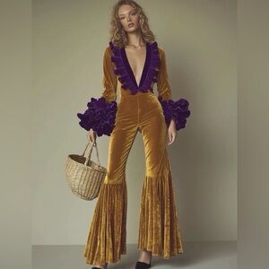 Oyrosy Designer Fashion Party Purple Ruffle Flared Gold Velvet Jumpsuit Sz Small